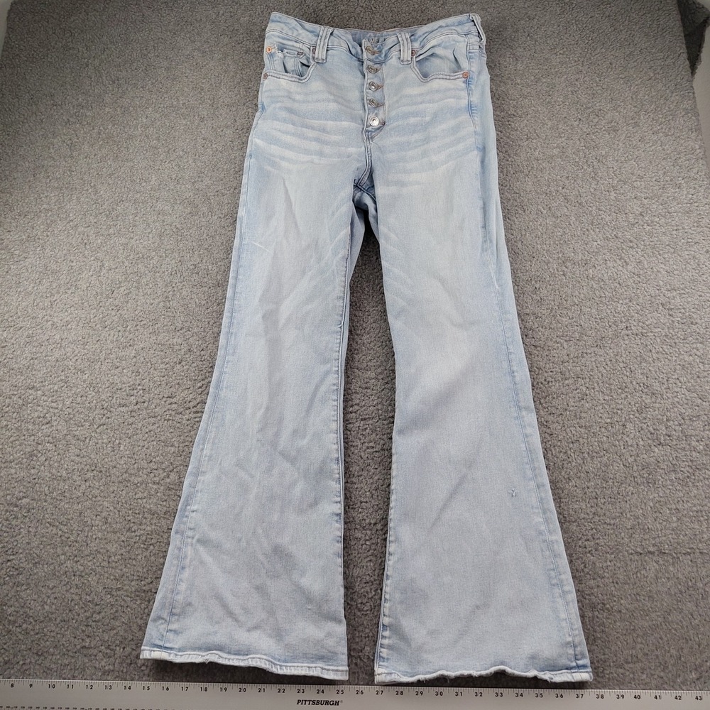 American Eagle Jeans Sz 14 Super High Rise Flare Light Wash Button Fly Distress